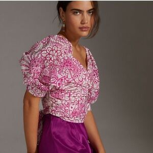 Anthropologie | Pink Floral Puff Sleeve Tie Back Printed Cropped Top